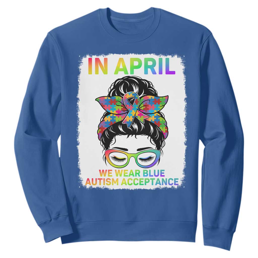 Autism Acceptance Sweatshirt Neurodivergent Support Messy Bun Ribbon Puzzle TS14 Royal Blue Print Your Wear