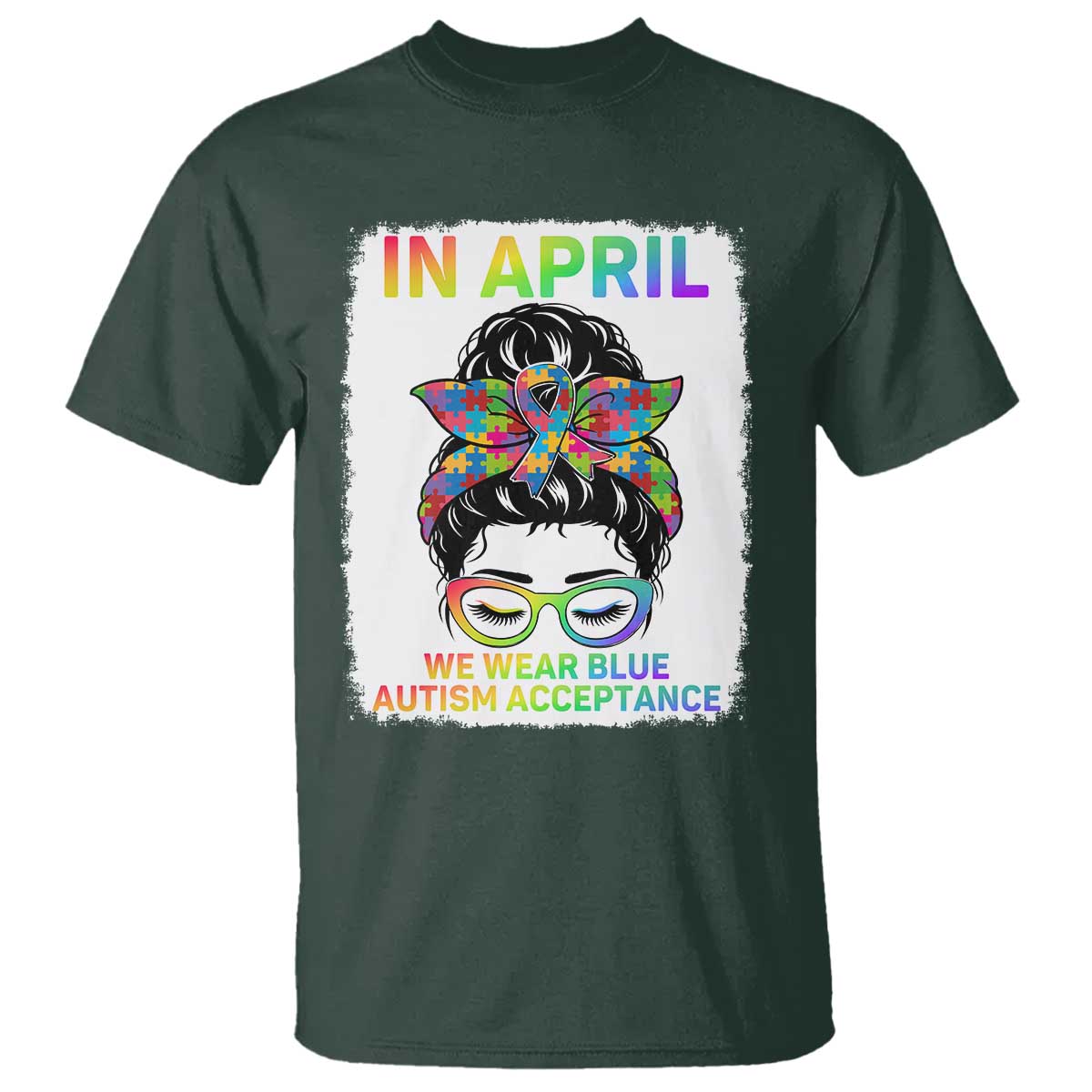 Autism Acceptance T Shirt Neurodivergent Support Messy Bun Ribbon Puzzle TS14 Dark Forest Green Print Your Wear