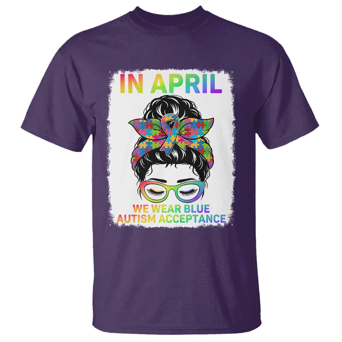 Autism Acceptance T Shirt Neurodivergent Support Messy Bun Ribbon Puzzle TS14 Purple Print Your Wear