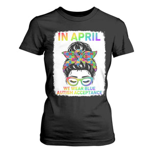 Autism Acceptance T Shirt For Women Neurodivergent Support Messy Bun Ribbon Puzzle TS14 Black Print Your Wear