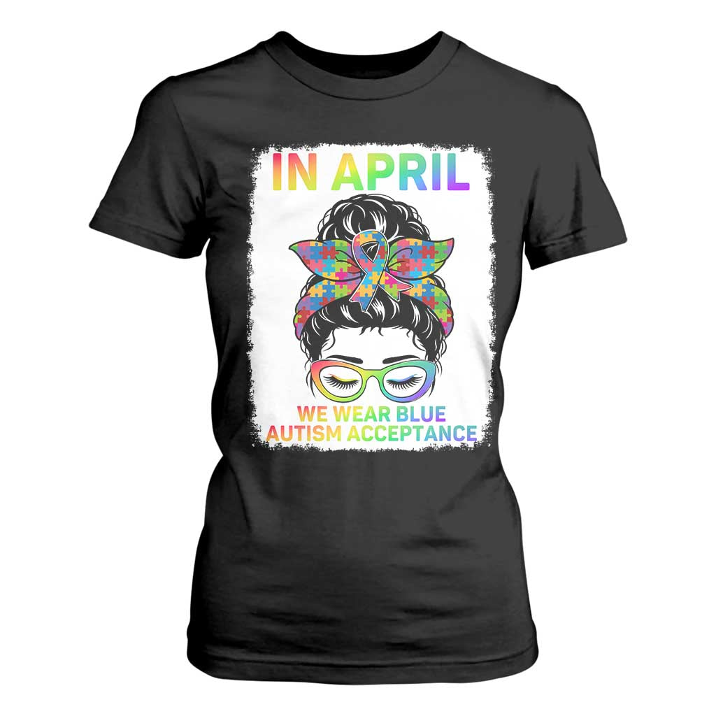 Autism Acceptance T Shirt For Women Neurodivergent Support Messy Bun Ribbon Puzzle TS14 Black Print Your Wear