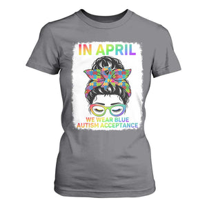 Autism Acceptance T Shirt For Women Neurodivergent Support Messy Bun Ribbon Puzzle TS14 Charcoal Print Your Wear