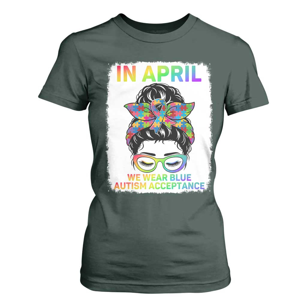 Autism Acceptance T Shirt For Women Neurodivergent Support Messy Bun Ribbon Puzzle TS14 Dark Forest Green Print Your Wear