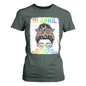 Autism Acceptance T Shirt For Women Neurodivergent Support Messy Bun Ribbon Puzzle TS14 Dark Forest Green Print Your Wear