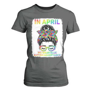 Autism Acceptance T Shirt For Women Neurodivergent Support Messy Bun Ribbon Puzzle TS14 Dark Heather Print Your Wear