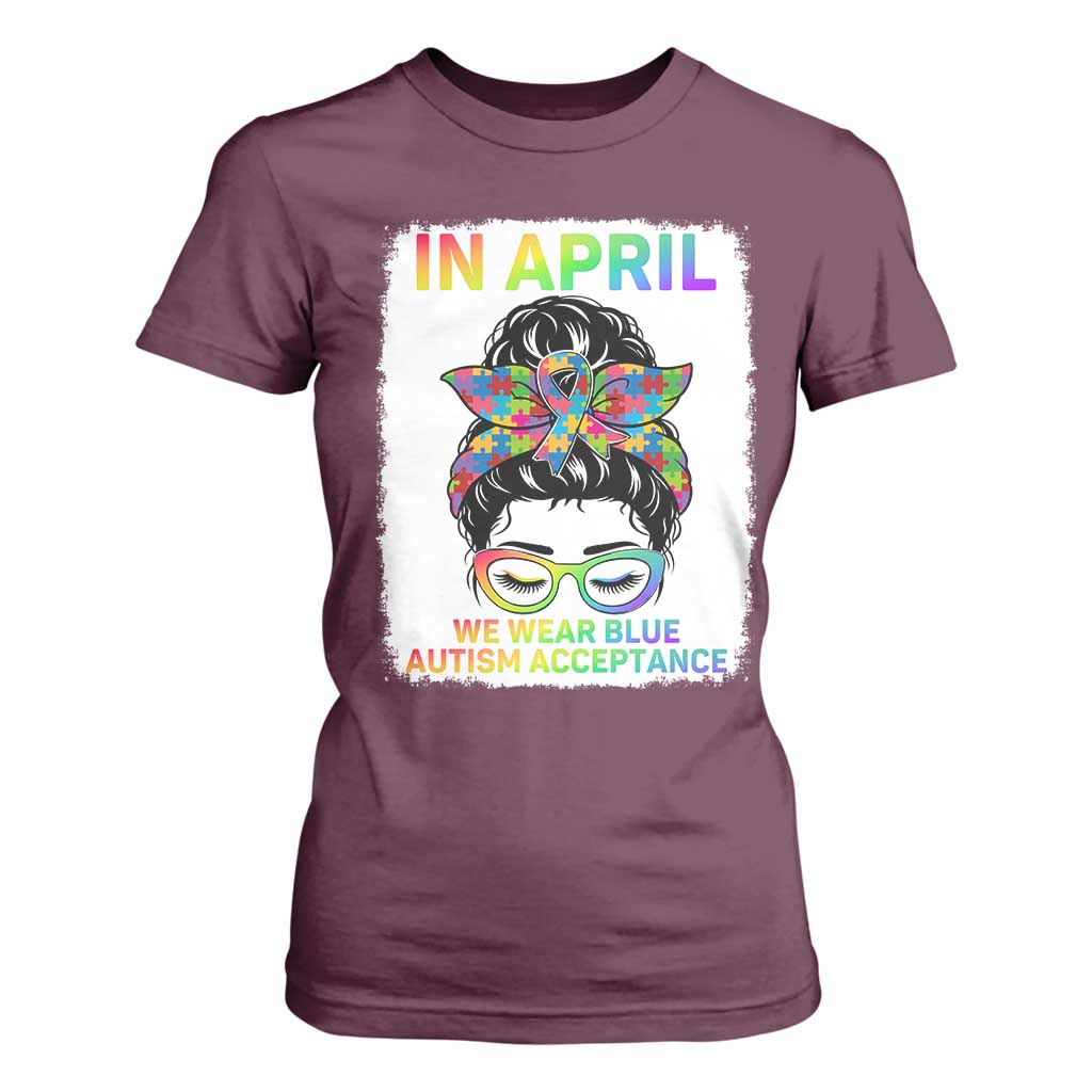 Autism Acceptance T Shirt For Women Neurodivergent Support Messy Bun Ribbon Puzzle TS14 Maroon Print Your Wear