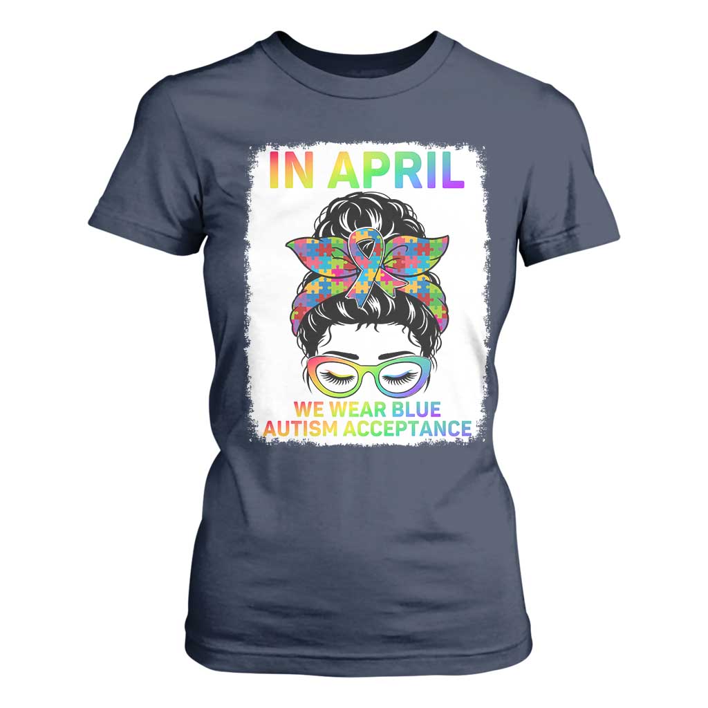 Autism Acceptance T Shirt For Women Neurodivergent Support Messy Bun Ribbon Puzzle TS14 Navy Print Your Wear