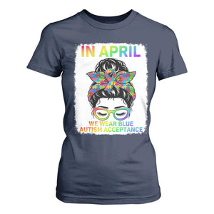 Autism Acceptance T Shirt For Women Neurodivergent Support Messy Bun Ribbon Puzzle TS14 Navy Print Your Wear