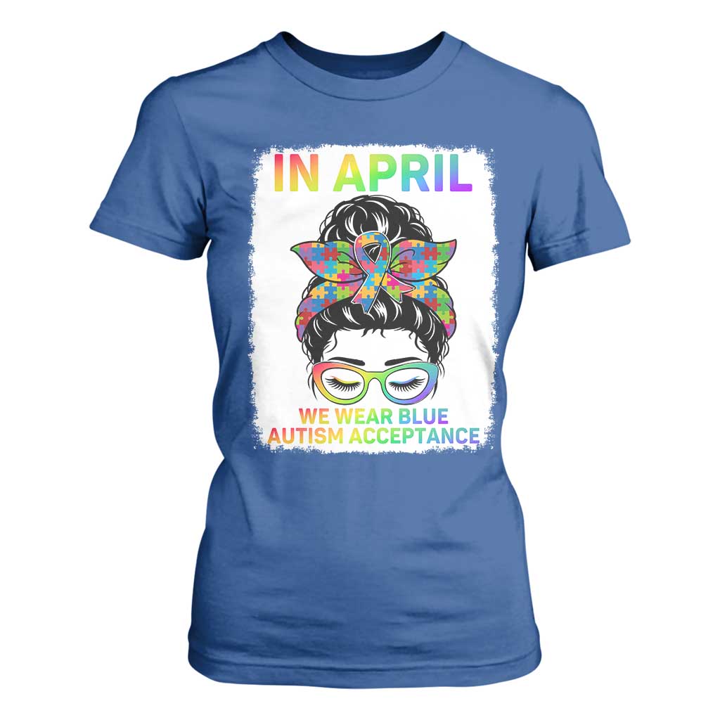 Autism Acceptance T Shirt For Women Neurodivergent Support Messy Bun Ribbon Puzzle TS14 Royal Blue Print Your Wear