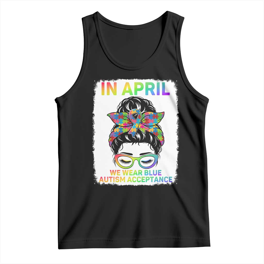 Autism Acceptance Tank Top Neurodivergent Support Messy Bun Ribbon Puzzle TS14 Black Print Your Wear