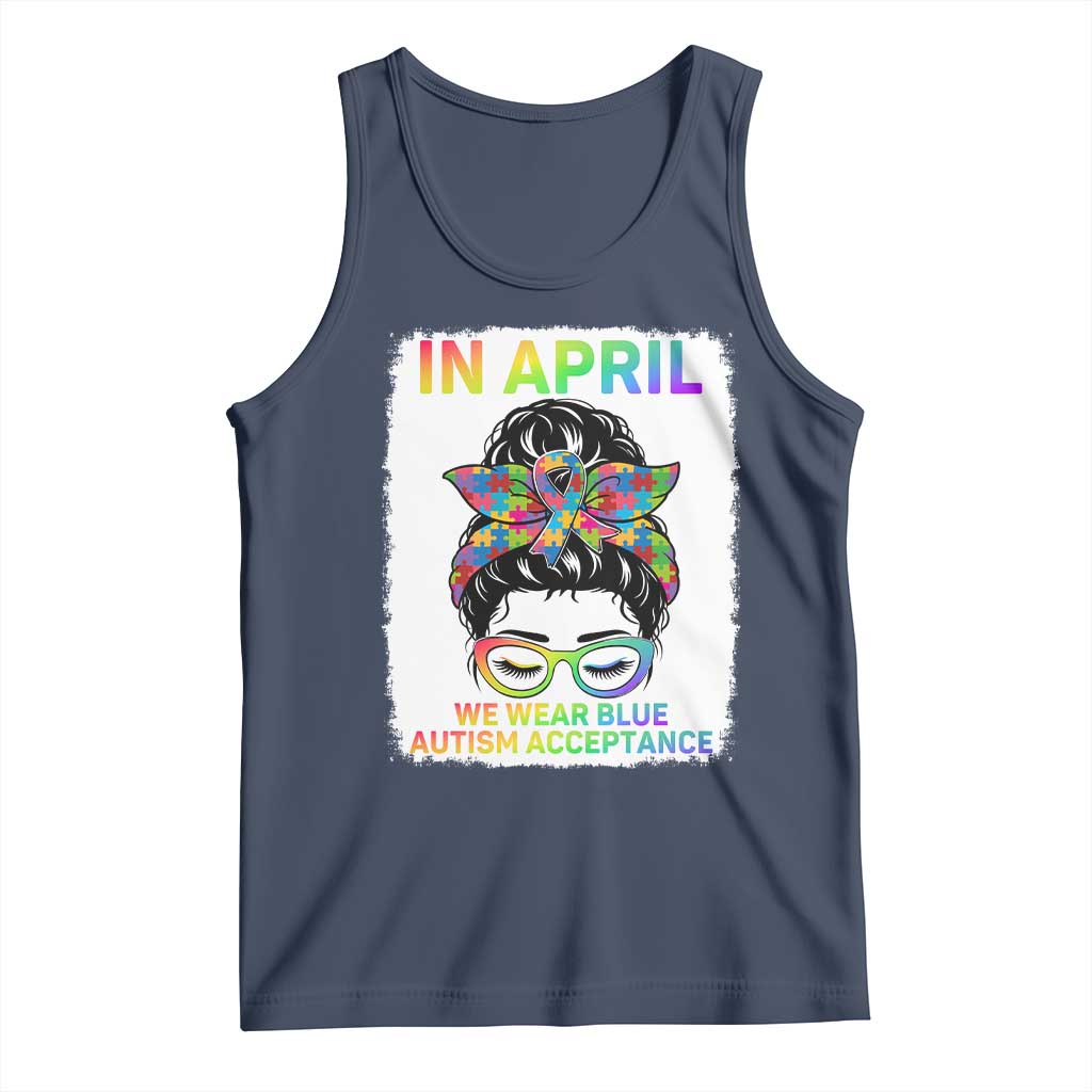 Autism Acceptance Tank Top Neurodivergent Support Messy Bun Ribbon Puzzle TS14 Navy Print Your Wear