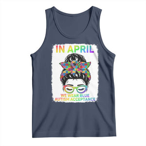 Autism Acceptance Tank Top Neurodivergent Support Messy Bun Ribbon Puzzle TS14 Navy Print Your Wear