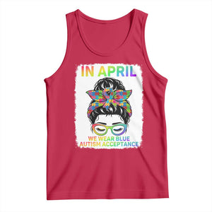Autism Acceptance Tank Top Neurodivergent Support Messy Bun Ribbon Puzzle TS14 Red Print Your Wear