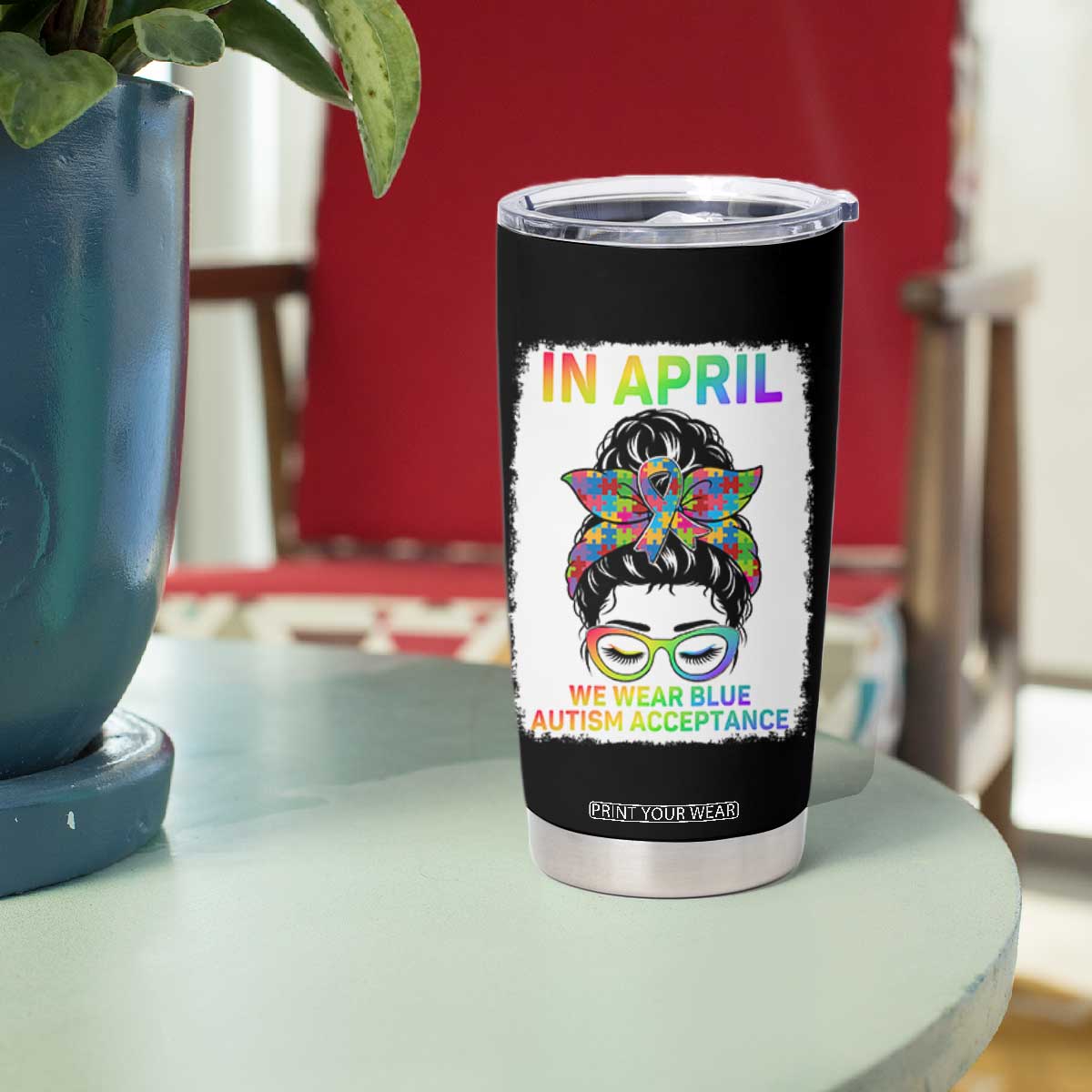 Autism Acceptance Tumbler Cup Neurodivergent Support Messy Bun Ribbon Puzzle TS14 Print Your Wear