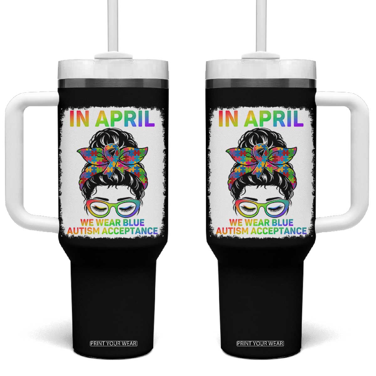Autism Acceptance Tumbler With Handle Neurodivergent Support Messy Bun Ribbon Puzzle TS14 One Size: 40 oz Black Print Your Wear