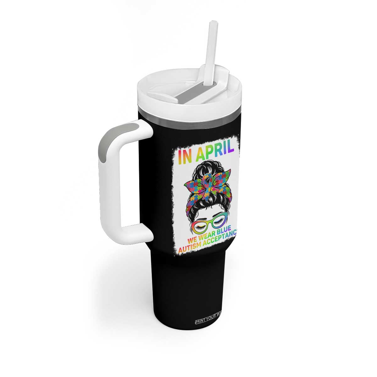 Autism Acceptance Tumbler With Handle Neurodivergent Support Messy Bun Ribbon Puzzle TS14 Print Your Wear