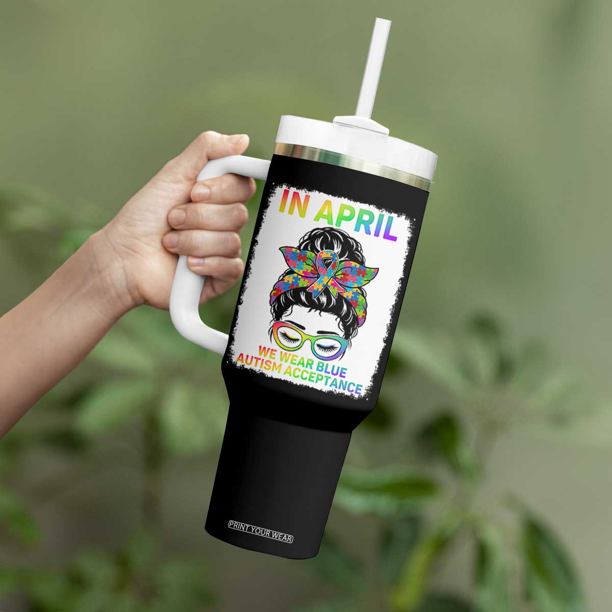 Autism Acceptance Tumbler With Handle Neurodivergent Support Messy Bun Ribbon Puzzle TS14 Print Your Wear