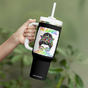 Autism Acceptance Tumbler With Handle Neurodivergent Support Messy Bun Ribbon Puzzle TS14 Print Your Wear