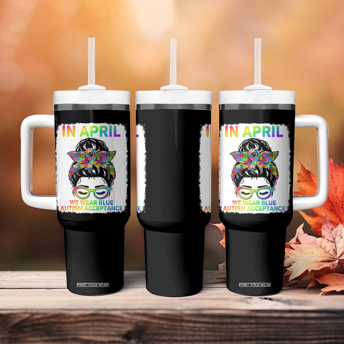 Autism Acceptance Tumbler With Handle Neurodivergent Support Messy Bun Ribbon Puzzle TS14 Print Your Wear