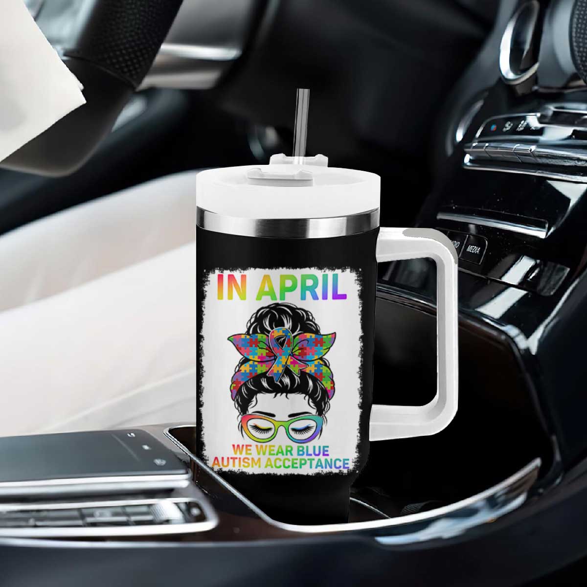 Autism Acceptance Tumbler With Handle Neurodivergent Support Messy Bun Ribbon Puzzle TS14 Print Your Wear