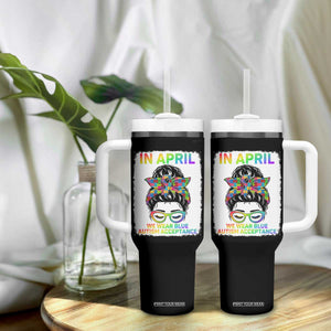 Autism Acceptance Tumbler With Handle Neurodivergent Support Messy Bun Ribbon Puzzle TS14 Print Your Wear