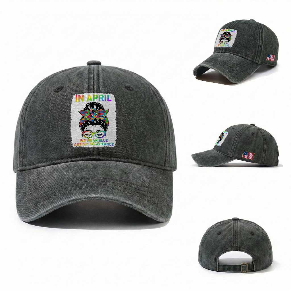 Autism Acceptance Washed Cotton Baseball Cap Neurodivergent Support Messy Bun Ribbon Puzzle TS14 Washed Cap Universal Fit Dark Green Print Your Wear