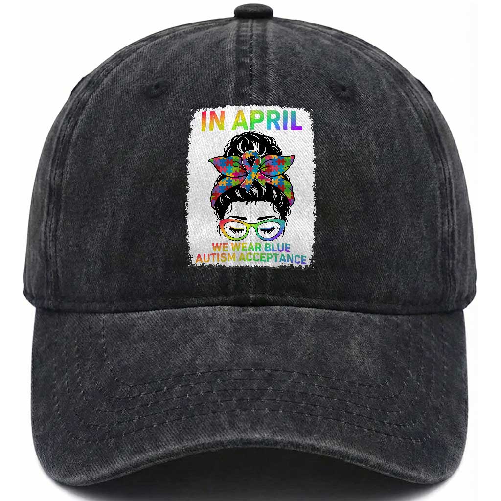Autism Acceptance Washed Cotton Baseball Cap Neurodivergent Support Messy Bun Ribbon Puzzle TS14 Print Your Wear