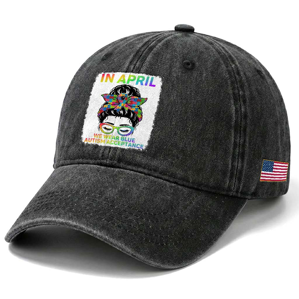 Autism Acceptance Washed Cotton Baseball Cap Neurodivergent Support Messy Bun Ribbon Puzzle TS14 Print Your Wear