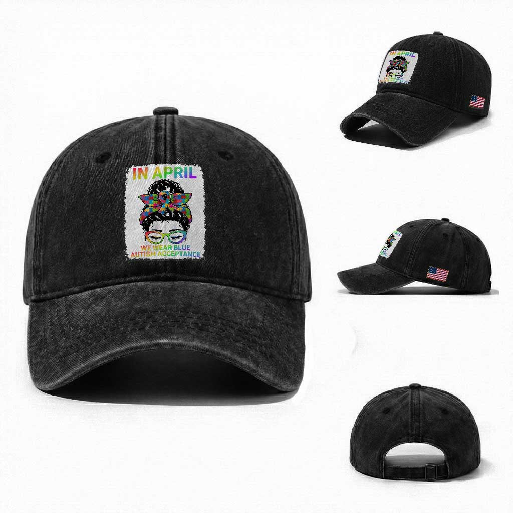 Autism Acceptance Washed Cotton Baseball Cap Neurodivergent Support Messy Bun Ribbon Puzzle TS14 Washed Cap Universal Fit Black Print Your Wear