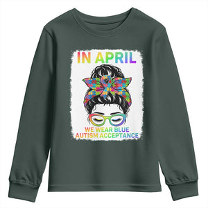 Autism Acceptance Youth Sweatshirt Neurodivergent Support Messy Bun Ribbon Puzzle TS14 Dark Forest Green Print Your Wear
