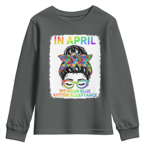Autism Acceptance Youth Sweatshirt Neurodivergent Support Messy Bun Ribbon Puzzle TS14 Dark Heather Print Your Wear