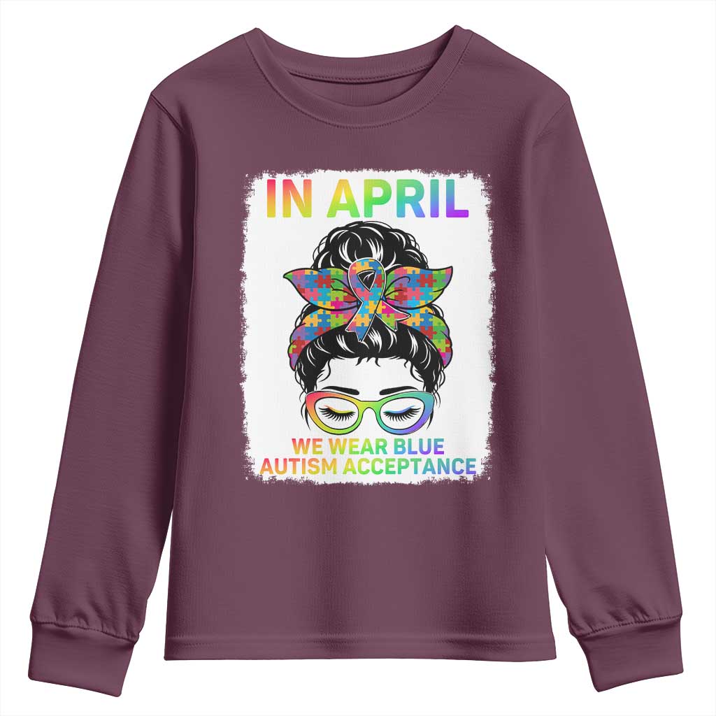 Autism Acceptance Youth Sweatshirt Neurodivergent Support Messy Bun Ribbon Puzzle TS14 Maroon Print Your Wear