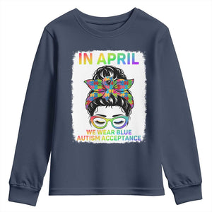 Autism Acceptance Youth Sweatshirt Neurodivergent Support Messy Bun Ribbon Puzzle TS14 Navy Print Your Wear