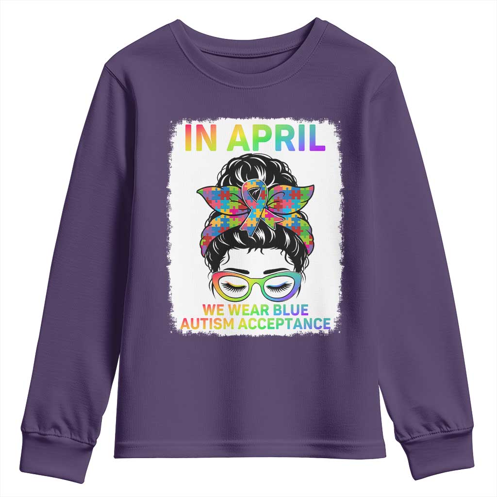 Autism Acceptance Youth Sweatshirt Neurodivergent Support Messy Bun Ribbon Puzzle TS14 Purple Print Your Wear