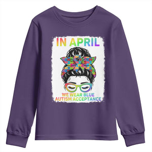 Autism Acceptance Youth Sweatshirt Neurodivergent Support Messy Bun Ribbon Puzzle TS14 Purple Print Your Wear