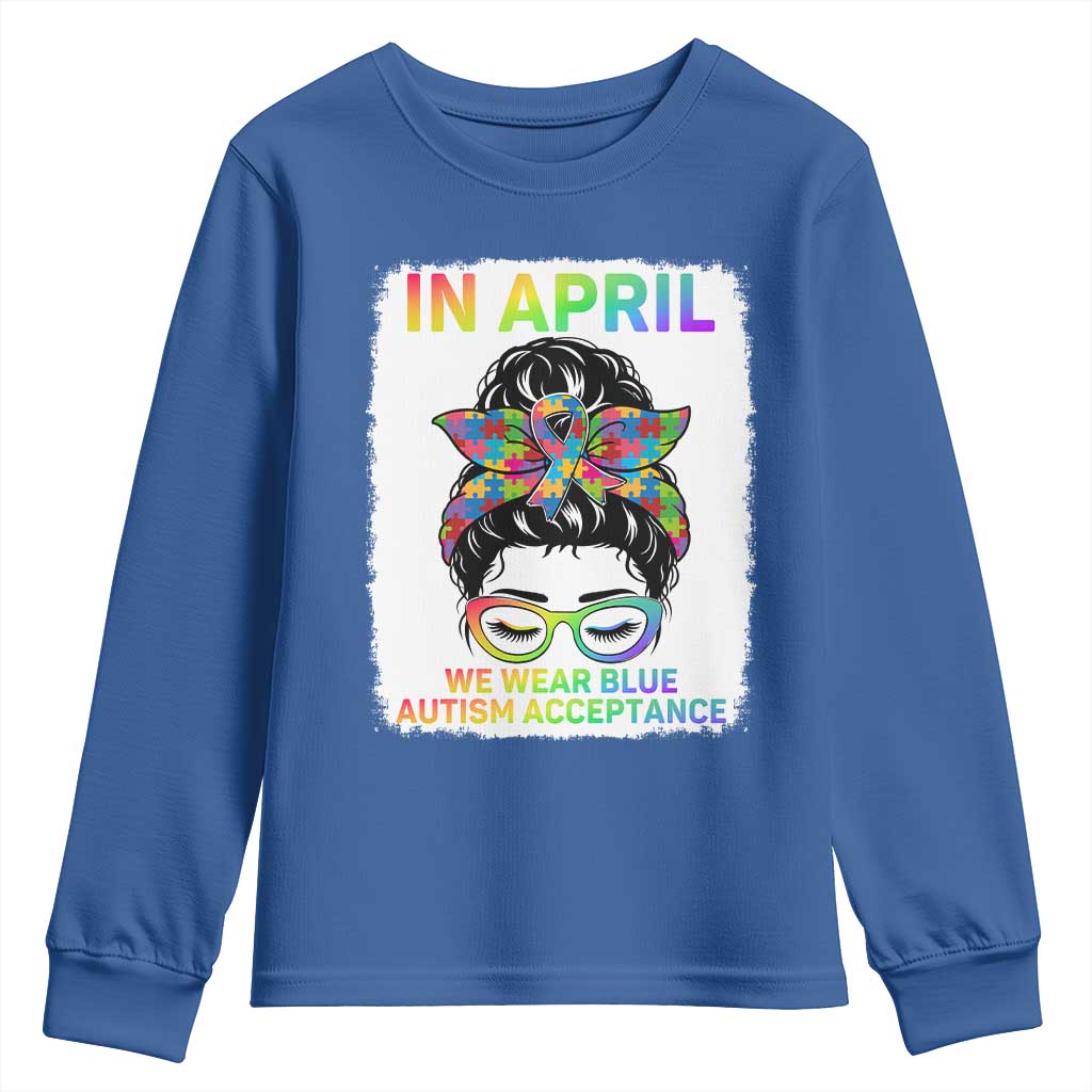 Autism Acceptance Youth Sweatshirt Neurodivergent Support Messy Bun Ribbon Puzzle TS14 Royal Blue Print Your Wear