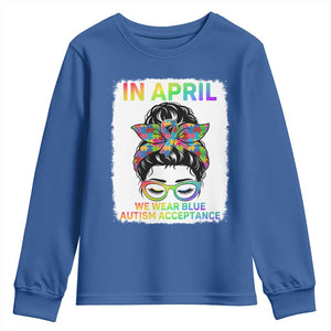 Autism Acceptance Youth Sweatshirt Neurodivergent Support Messy Bun Ribbon Puzzle TS14 Royal Blue Print Your Wear