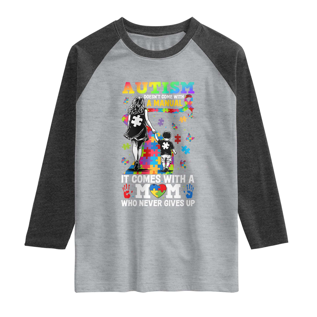 Autism Acceptance Raglan Shirt Doesn't Come with a Manual Autism Mom TS14 Heather Gray Heather Charcoal Print Your Wear