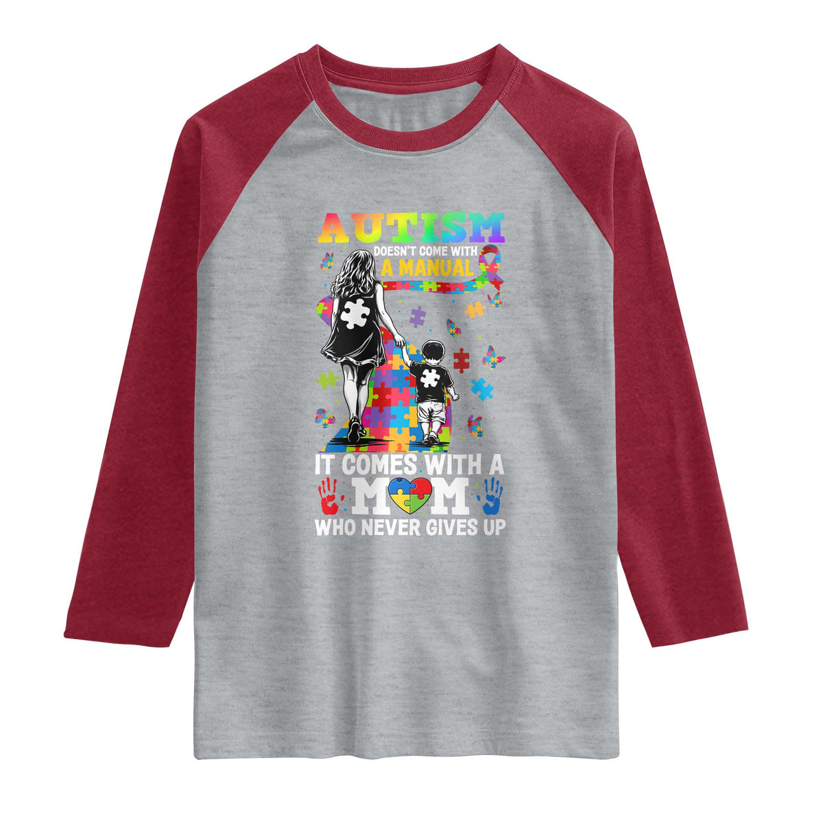 Autism Acceptance Raglan Shirt Doesn't Come with a Manual Autism Mom TS14 Heather Gray Heather Red Print Your Wear