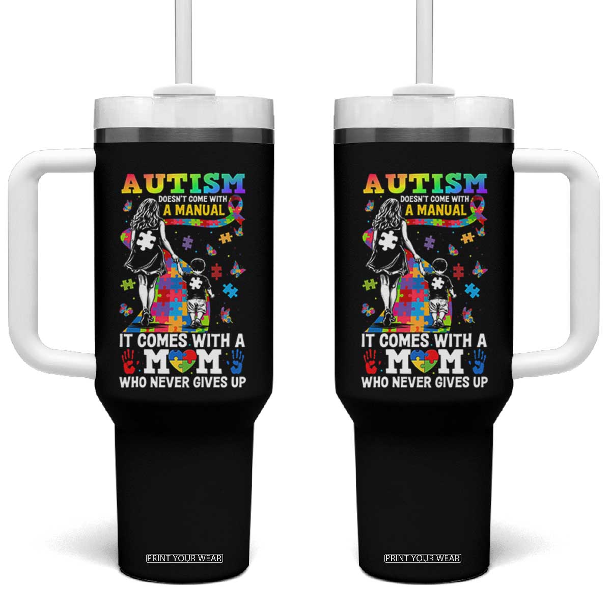 Autism Acceptance Tumbler With Handle Doesn't Come with a Manual Autism Mom TS14 One Size: 40 oz Black Print Your Wear