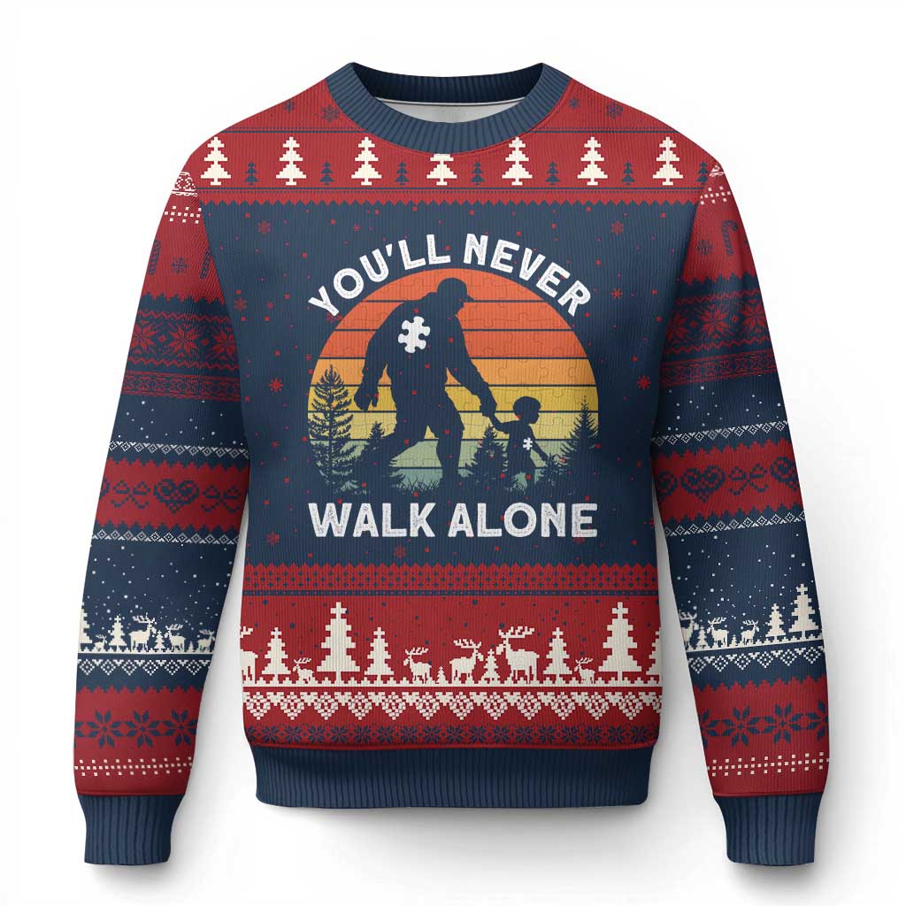 Autism Acceptance Ugly Christmas Sweater Autism Dad You'll Never Walk Alone Support TS14 Navy Red Print Your Wear