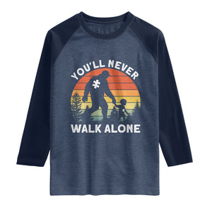 Autism Acceptance Raglan Shirt Autism Dad You'll Never Walk Alone Support TS14 Heather Denim Navy Print Your Wear