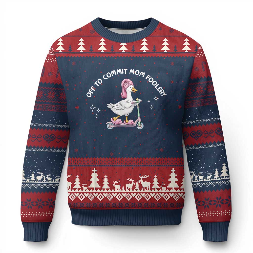 Funny Goose Mom Ugly Christmas Sweater Off To Commit Mom Foolery TS14 Navy Red Print Your Wear