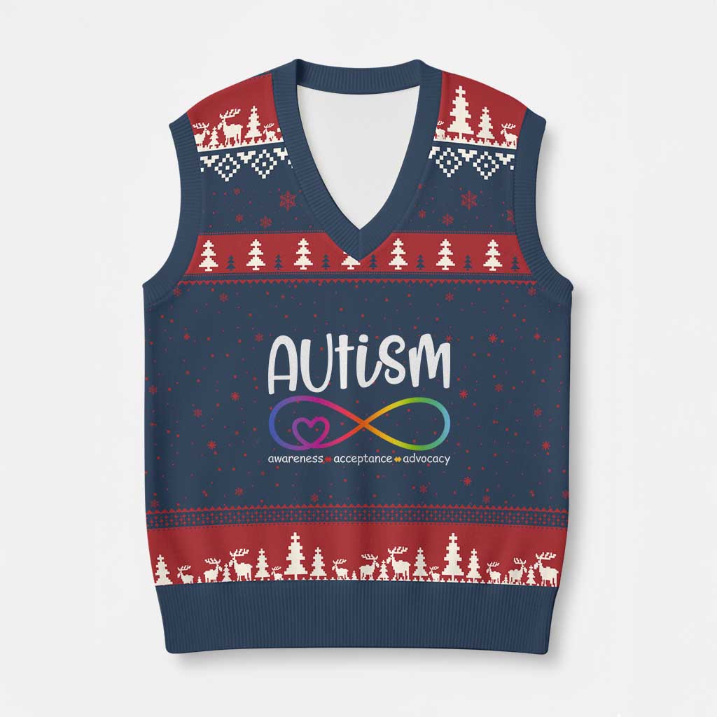 Autism Acceptance V-Neck Knit Sweater Vest Neurodivergent Support Infinity Symbol TS14 Navy Red Print Your Wear