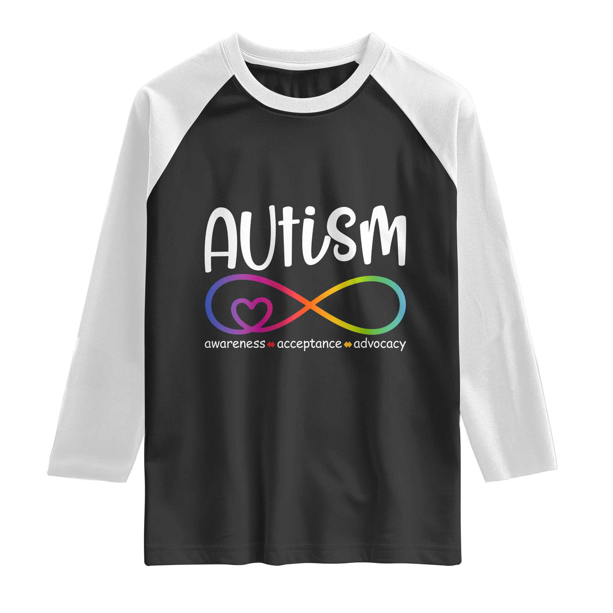 Autism Acceptance Raglan Shirt Neurodivergent Support Infinity Symbol TS14 Black White Print Your Wear