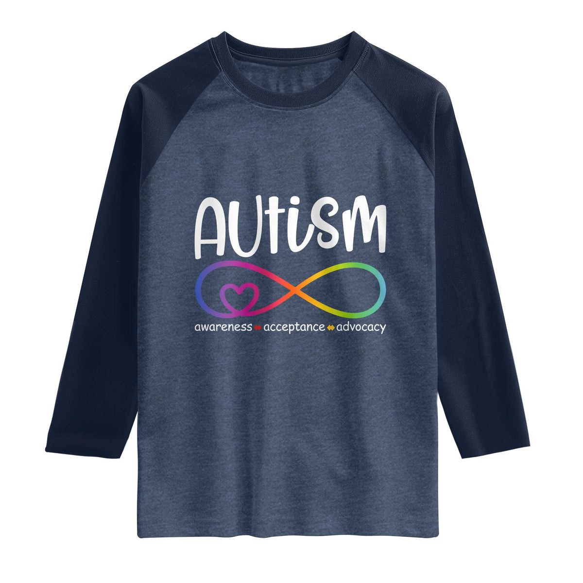 Autism Acceptance Raglan Shirt Neurodivergent Support Infinity Symbol TS14 Heather Denim Navy Print Your Wear