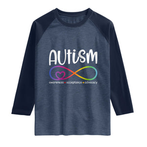 Autism Acceptance Raglan Shirt Neurodivergent Support Infinity Symbol TS14 Heather Denim Navy Print Your Wear