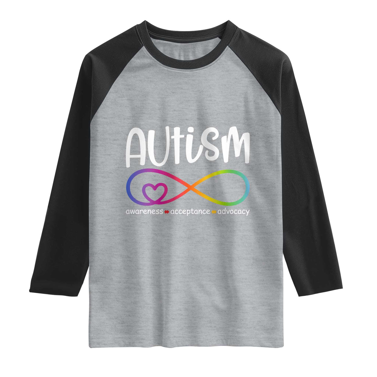 Autism Acceptance Raglan Shirt Neurodivergent Support Infinity Symbol TS14 Heather Gray Black Print Your Wear