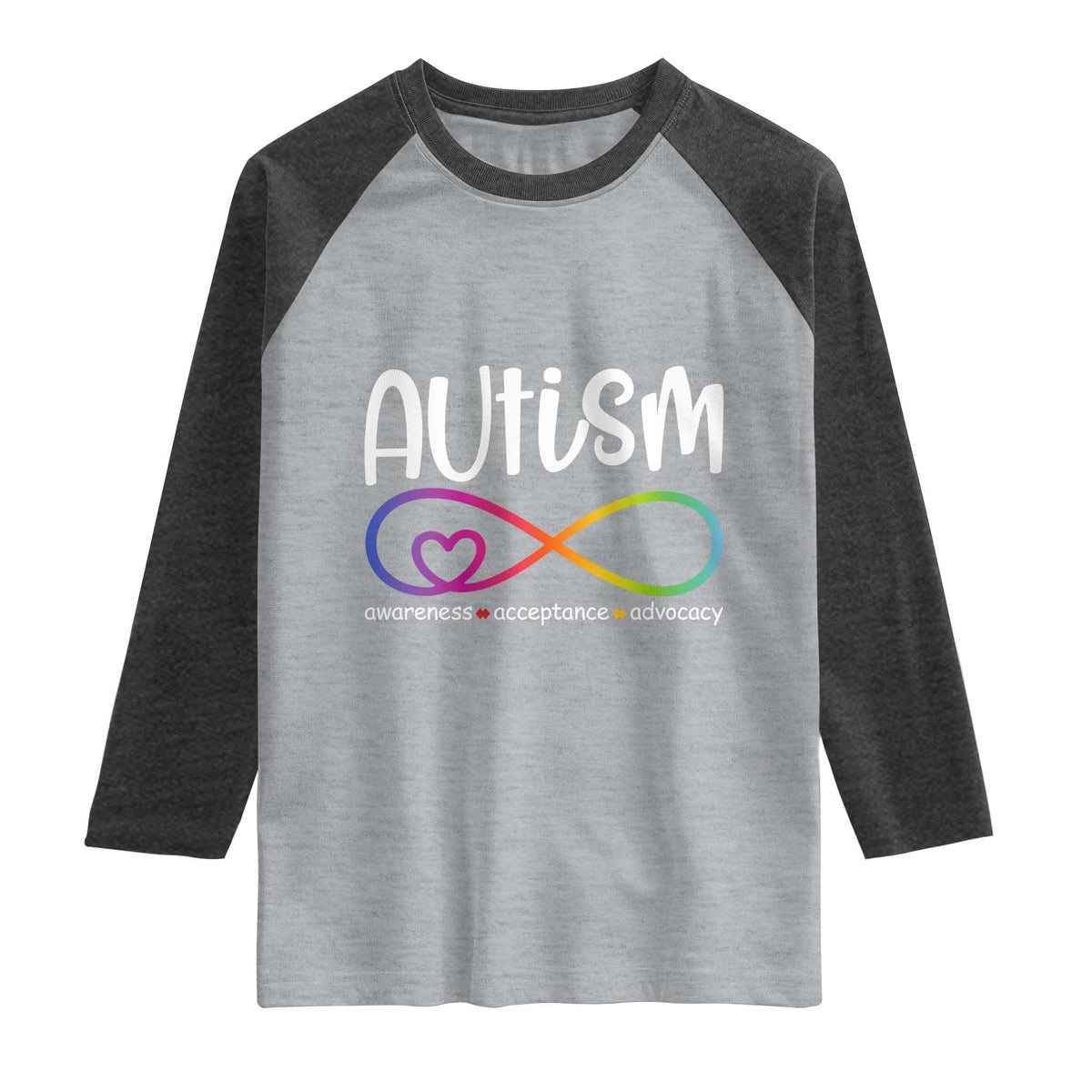 Autism Acceptance Raglan Shirt Neurodivergent Support Infinity Symbol TS14 Heather Gray Heather Charcoal Print Your Wear