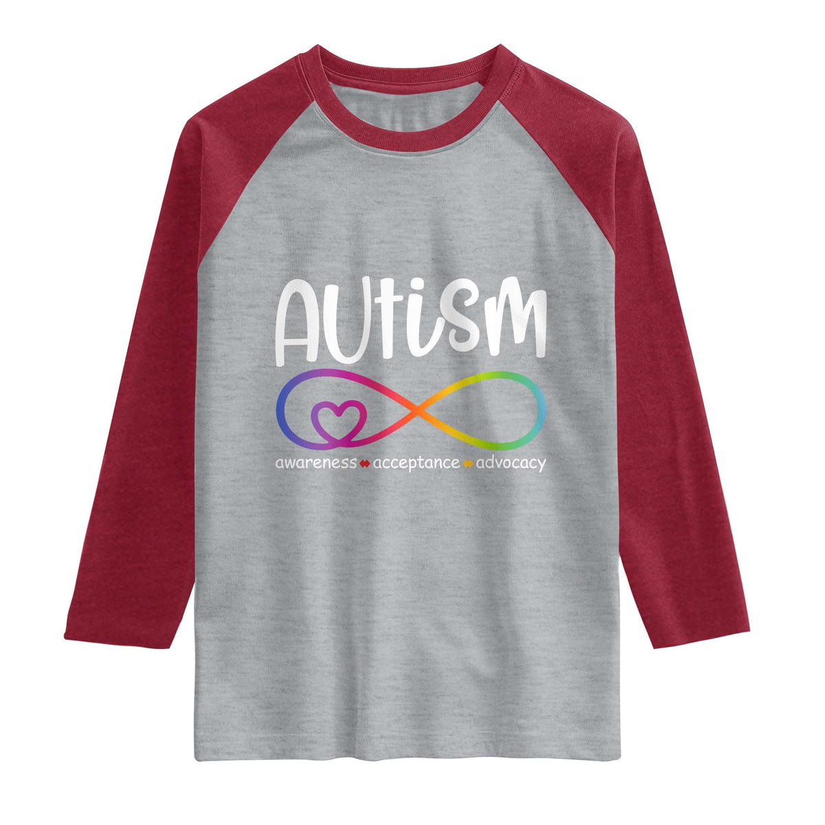Autism Acceptance Raglan Shirt Neurodivergent Support Infinity Symbol TS14 Heather Gray Heather Red Print Your Wear